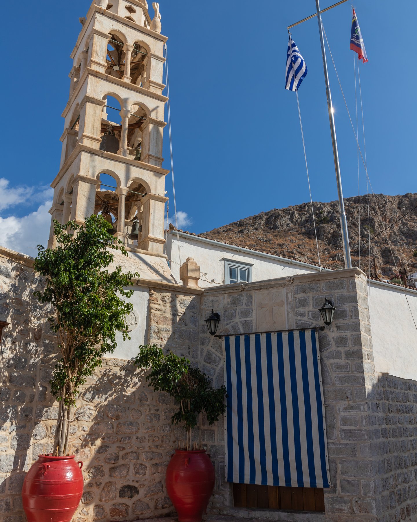 The belltower of Agia Vavara church in Hydra, Greece
