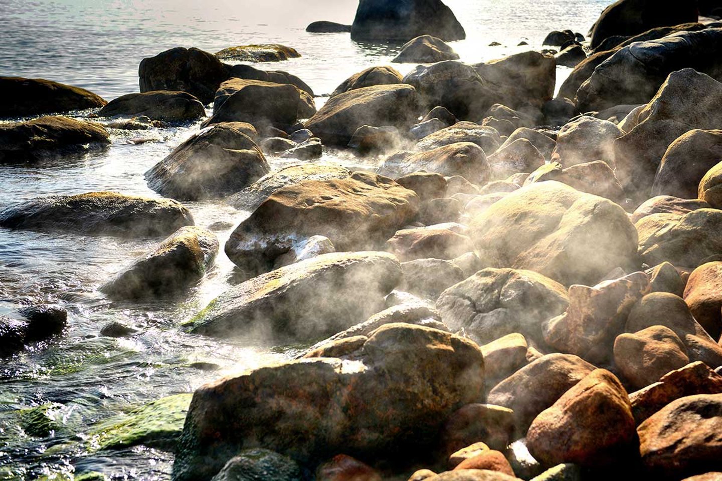 Hot springs near Lefkada Beach on the island of Ikaria in Greece