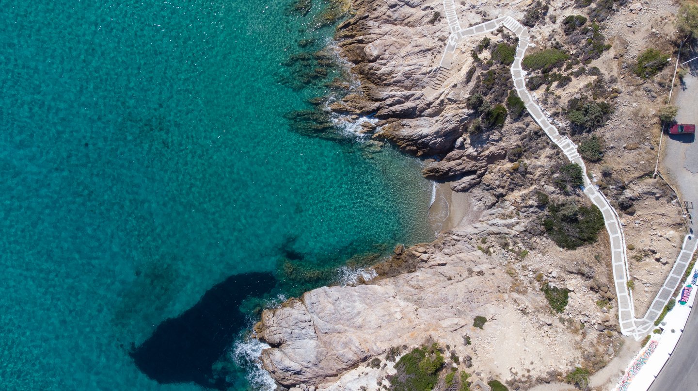 An aerial view of a road and steps in Ikaria
