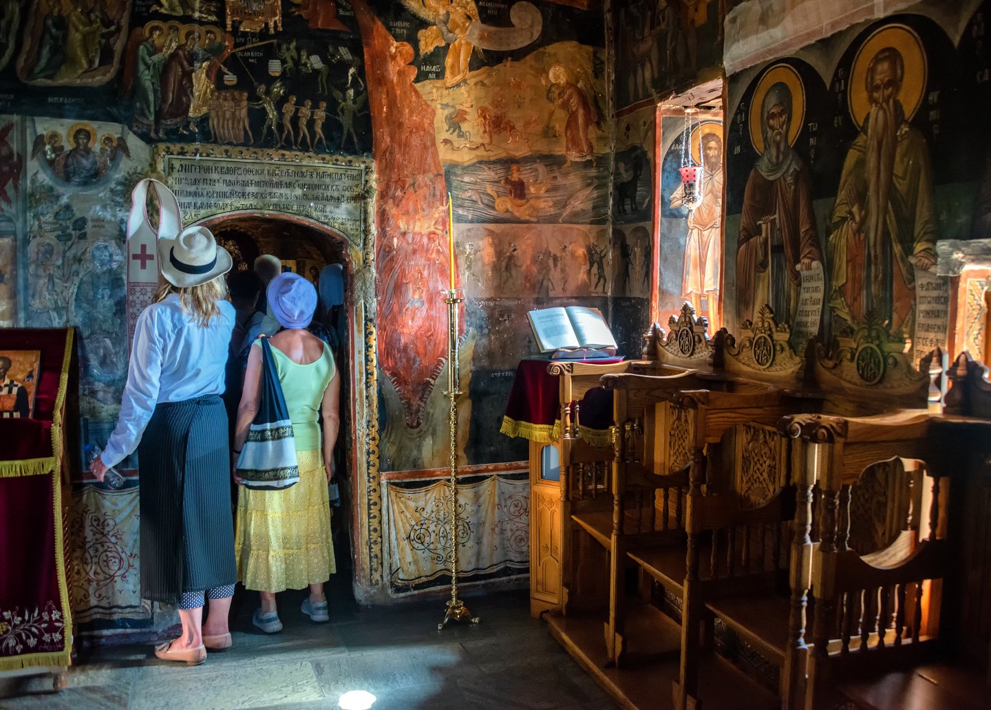 Byzantine frescoes at the Agios Nikolaos Anapafsas Monastery in Meteora, Greece.