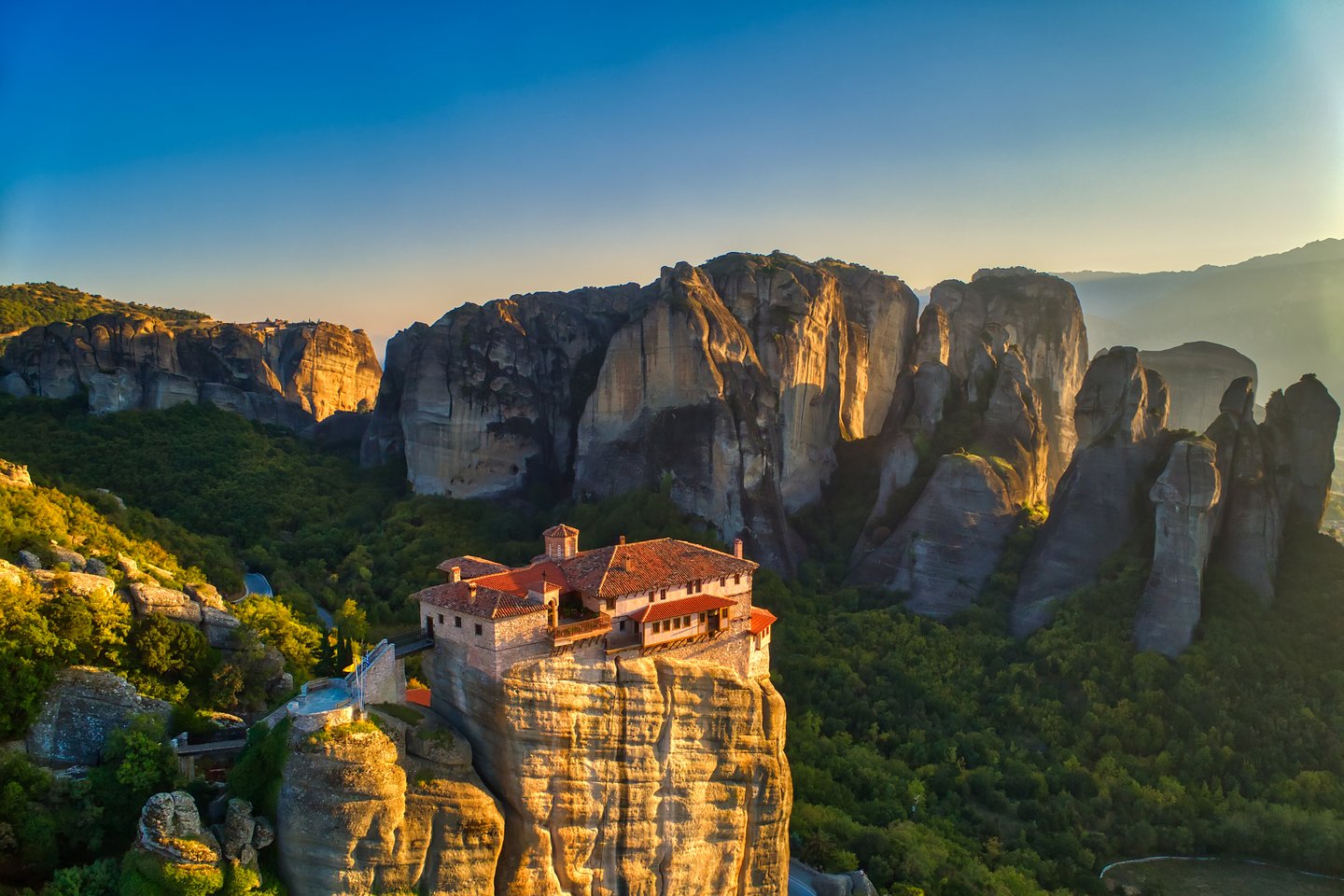 Aerial view of the Monastery of Rousanou in Meteora near Kalabaka, Greece.