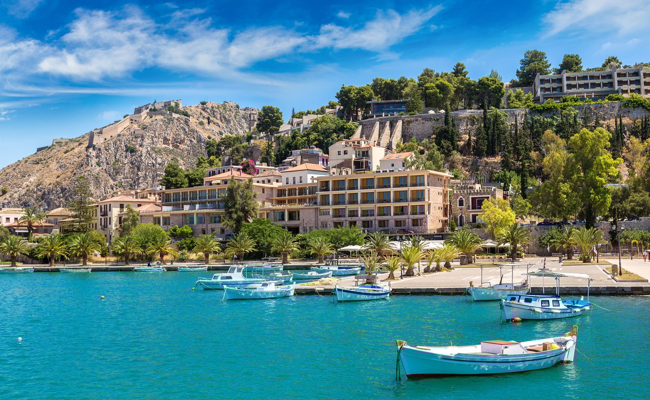 A view of Nafplio, Greece on a sunny day