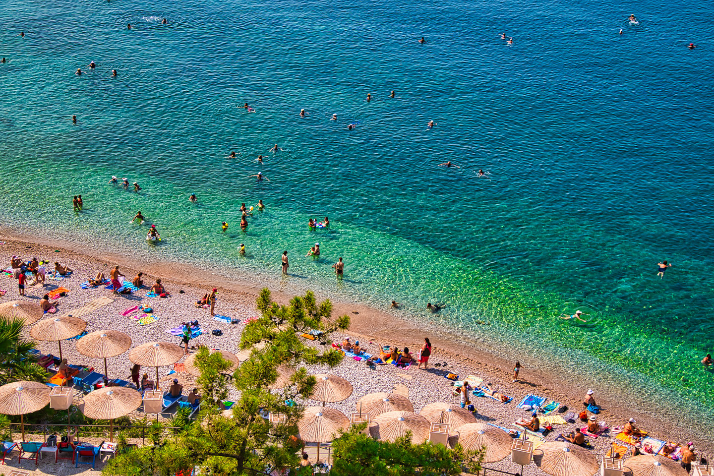 An aerial view of Arvanitia Beach in Nafplio