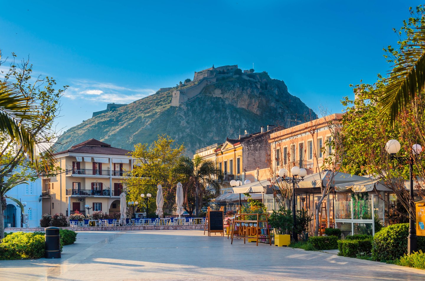 Filellinon Square in Nafplio with the fortress in the background