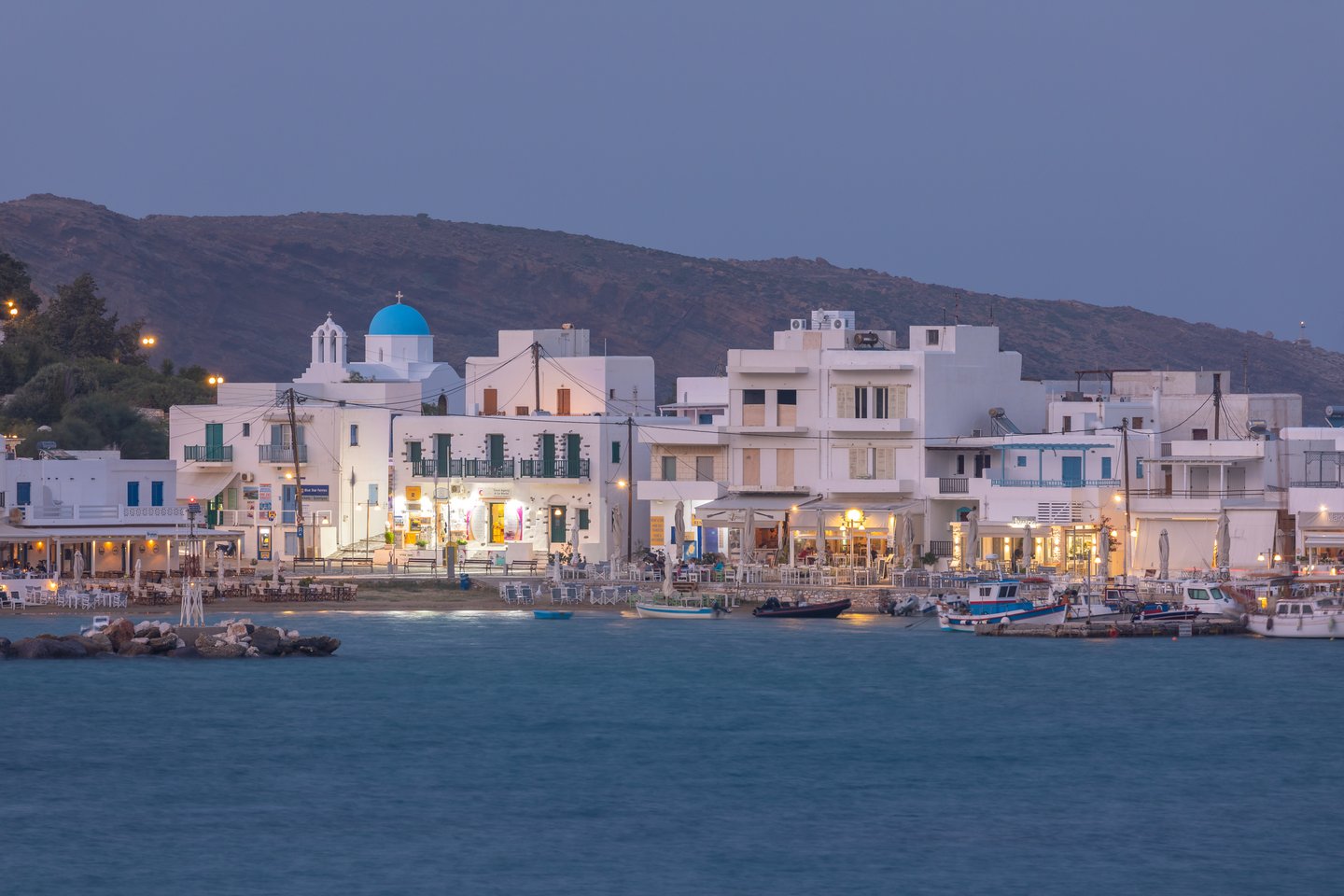 The white buildings of the fishing village of Piso Livadi, Paros