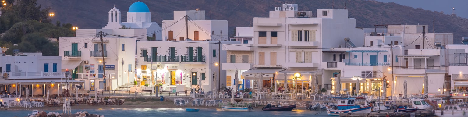 The white buildings of the fishing village of Piso Livadi, Paros