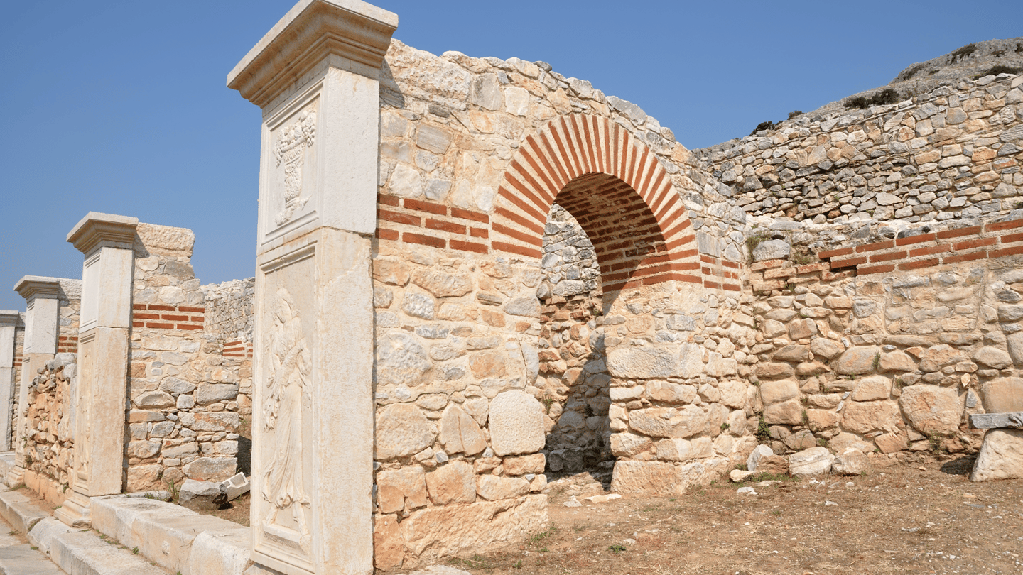 Detail of ancient theatre ruins in Philippi, Greece