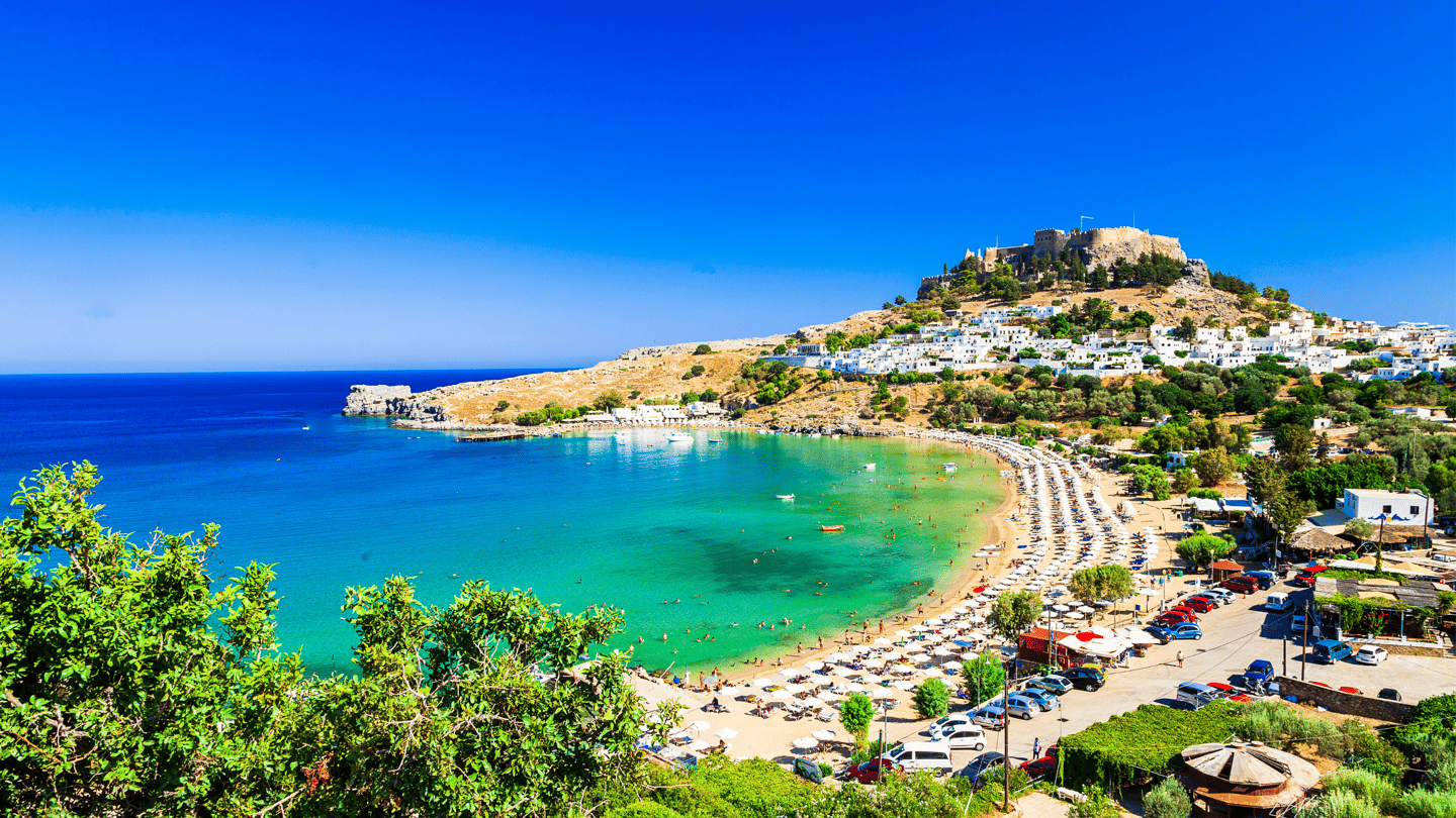 Beautiful view over Lindos Bay in Rhodes, Greece