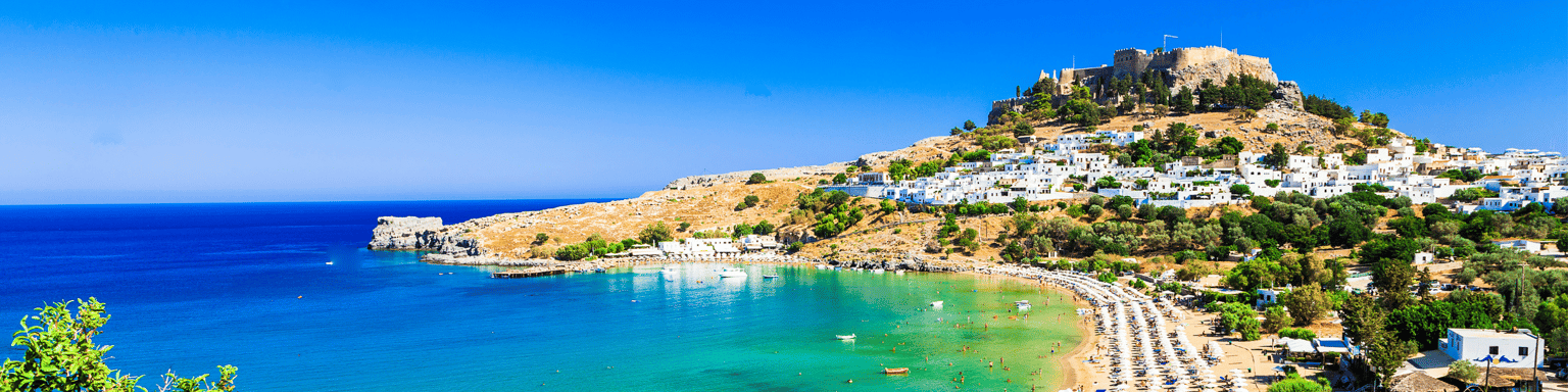 Beautiful view over Lindos Bay in Rhodes, Greece