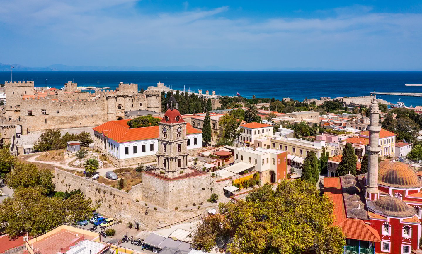 Looking down at the Old Town of Rhodes, Greece.