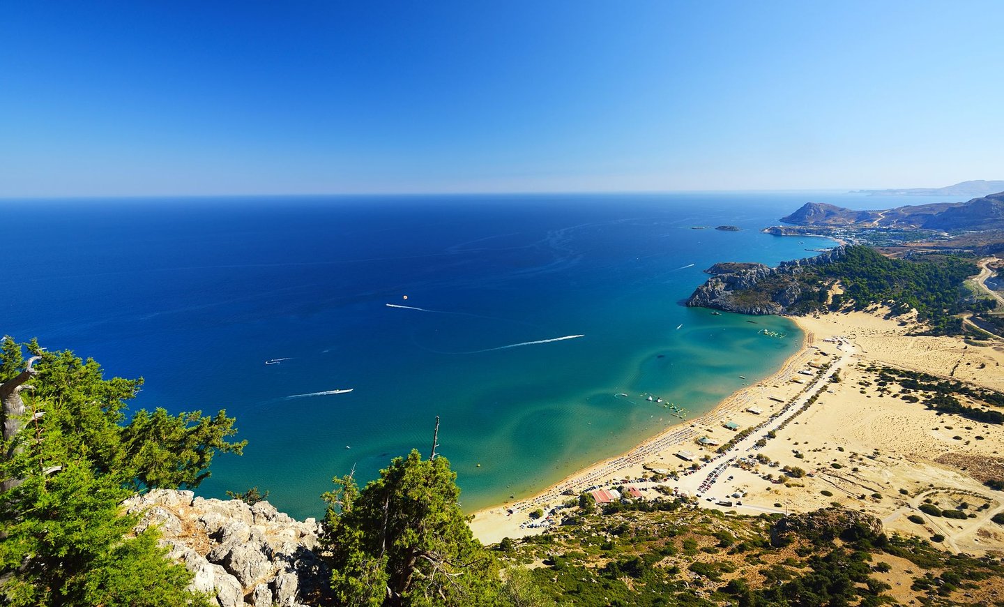 The white, sandy Tsambika Beach in Rhodes, Greece.