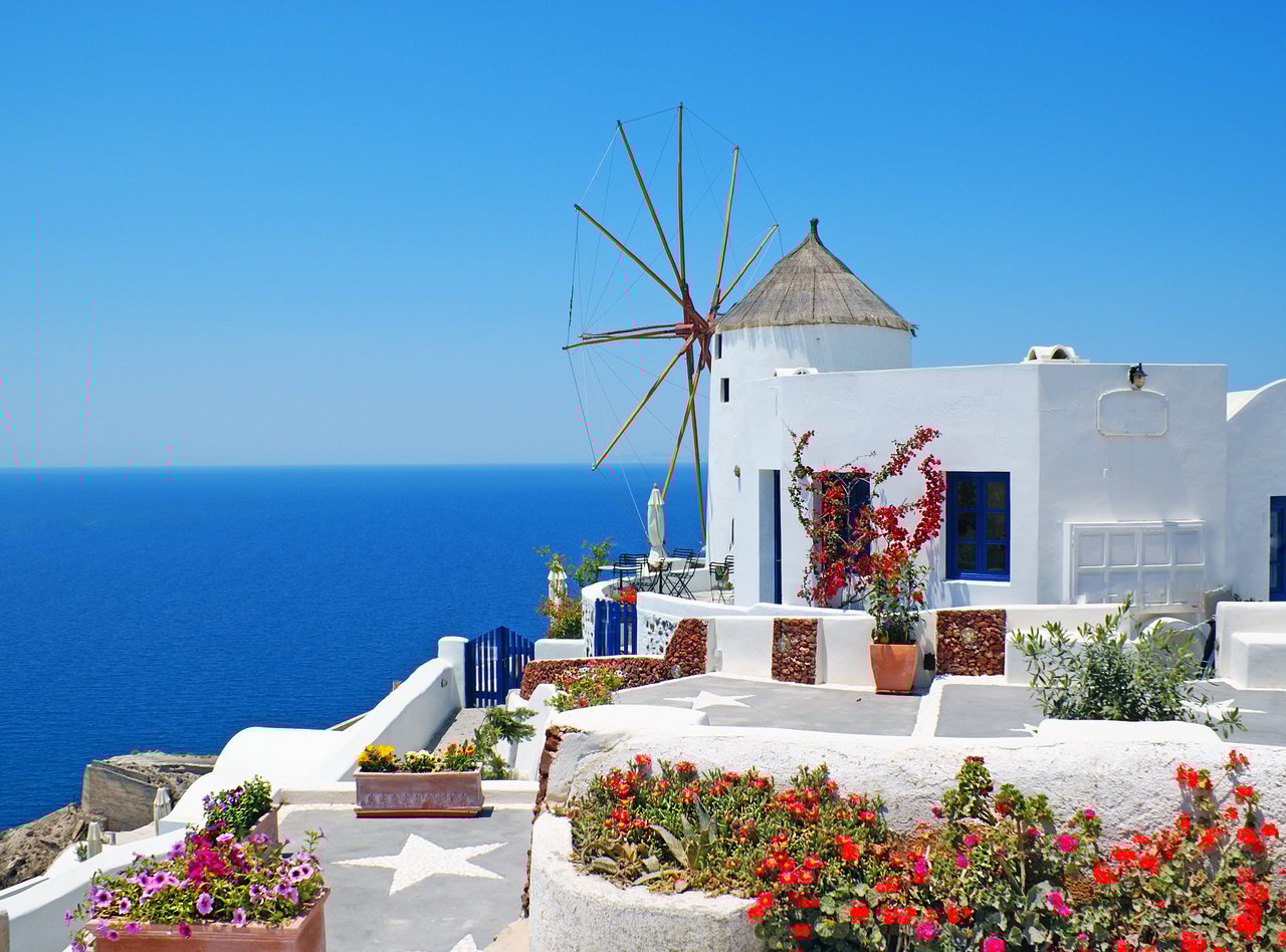 A windmill on the cliff in the village of Oia, Santorini