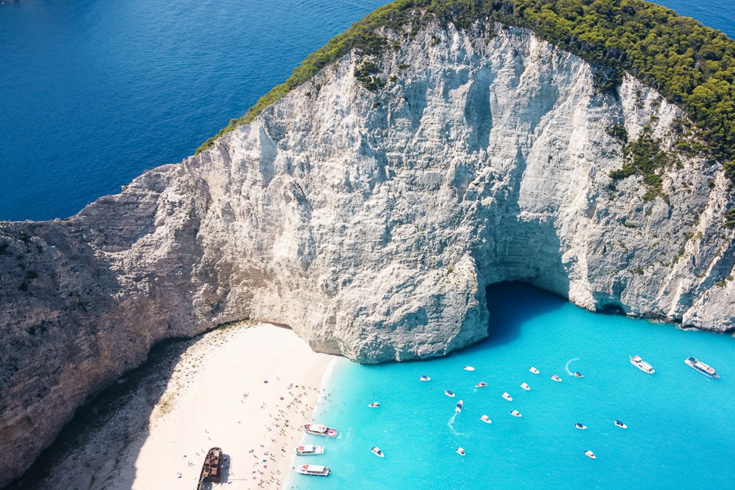 Looking down at Shipwreck Beach (Navagio Beach) on Zakynthos, Greece.