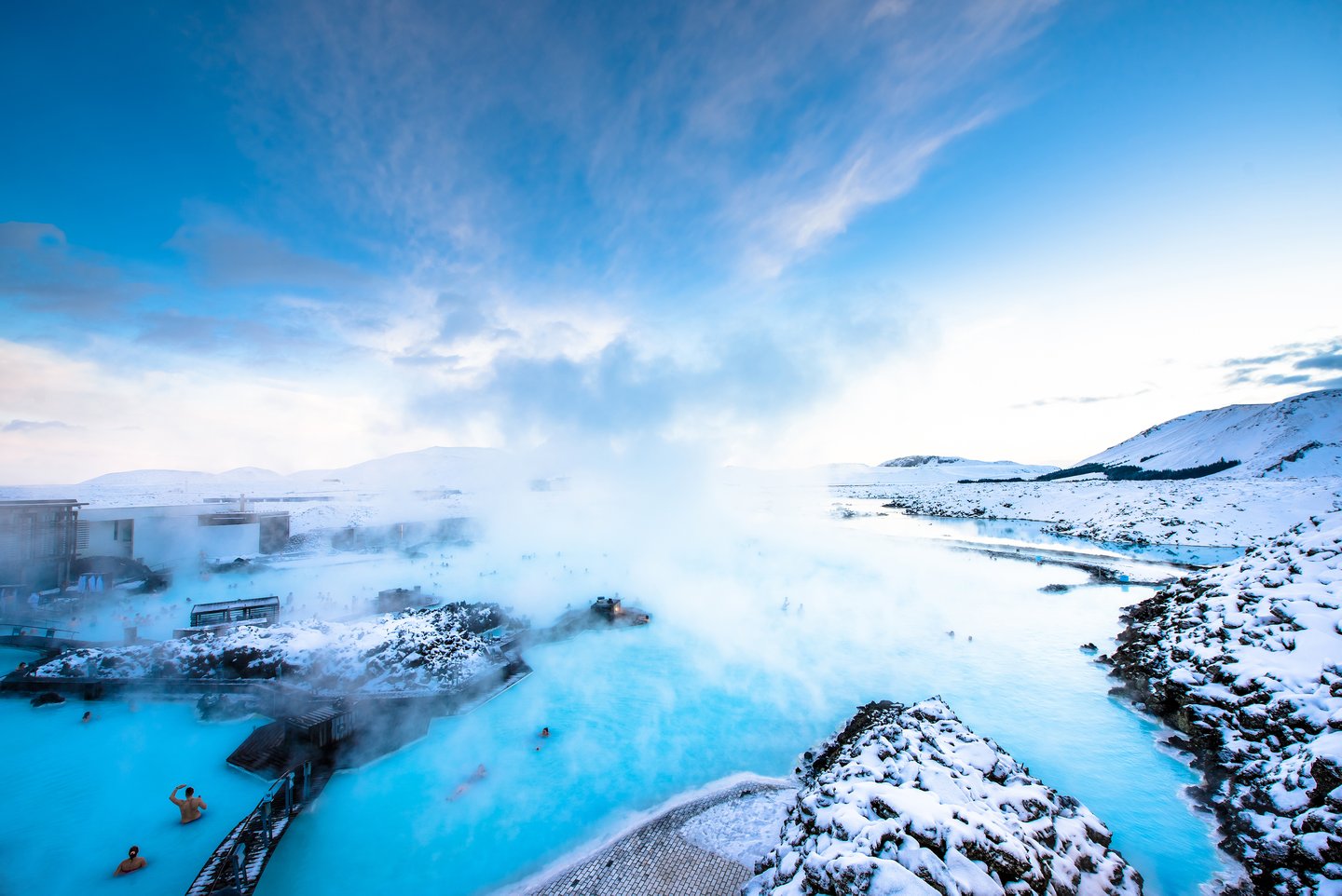 People soaking in the Blue Lagoon in Iceland