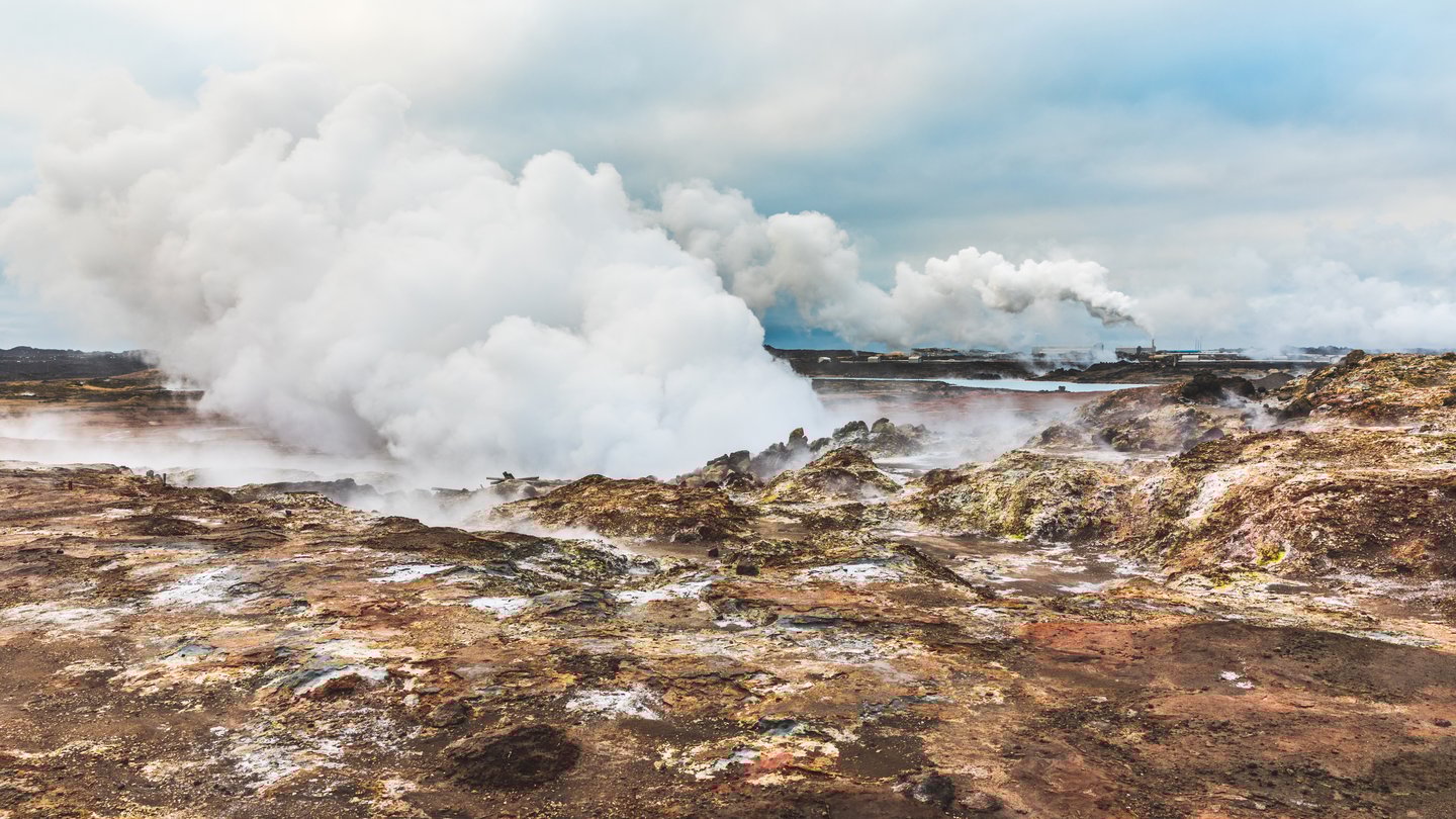 Steam billowing from Gunnuhver Hot Springs in Reykjanes, Iceland