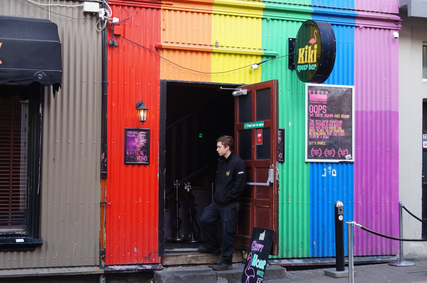 Rainbow-coloured bar in Reykavik, Iceland