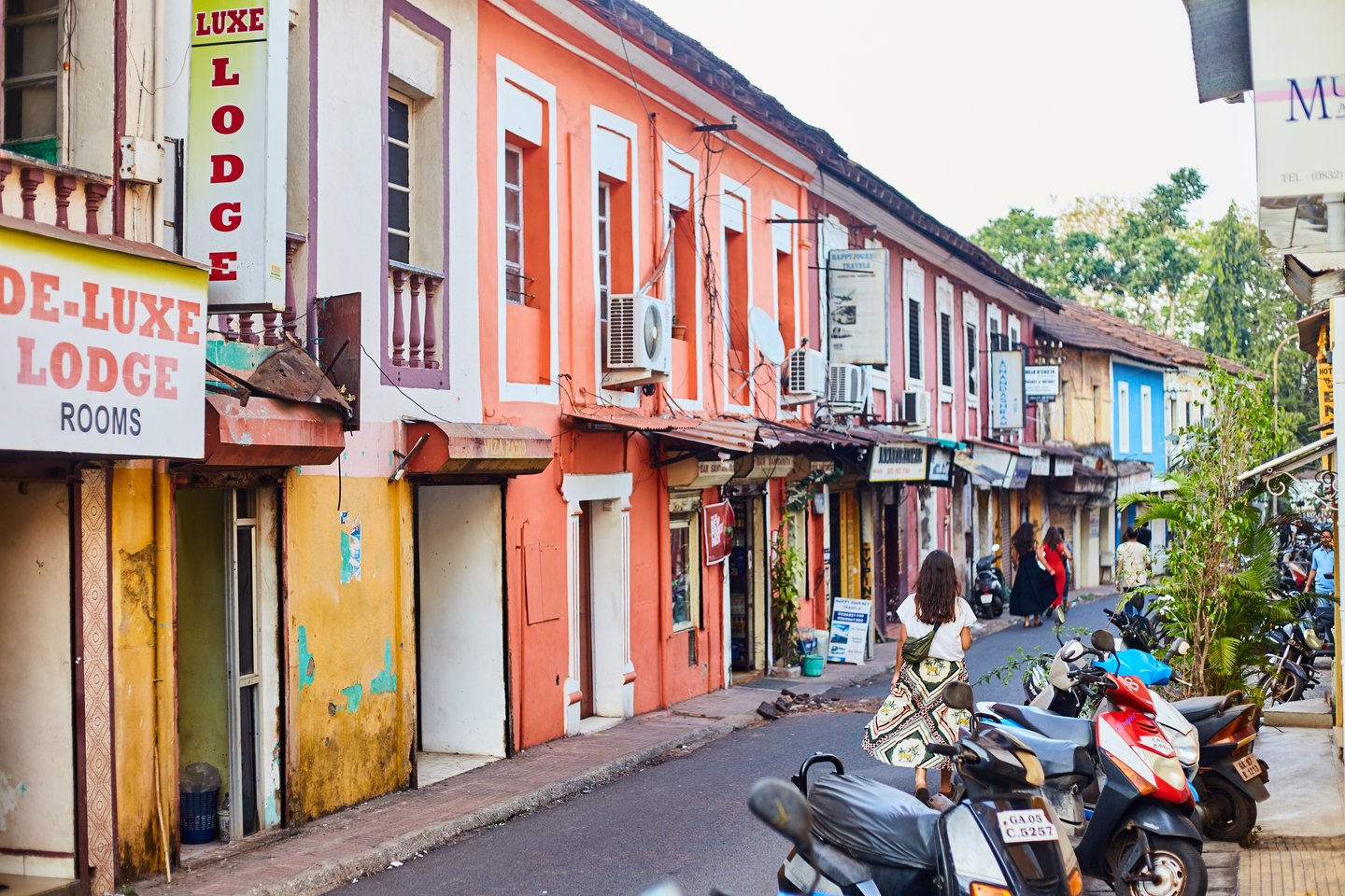 A narrow lane lined with colourful Portuguese houses in Panjim, Goa.