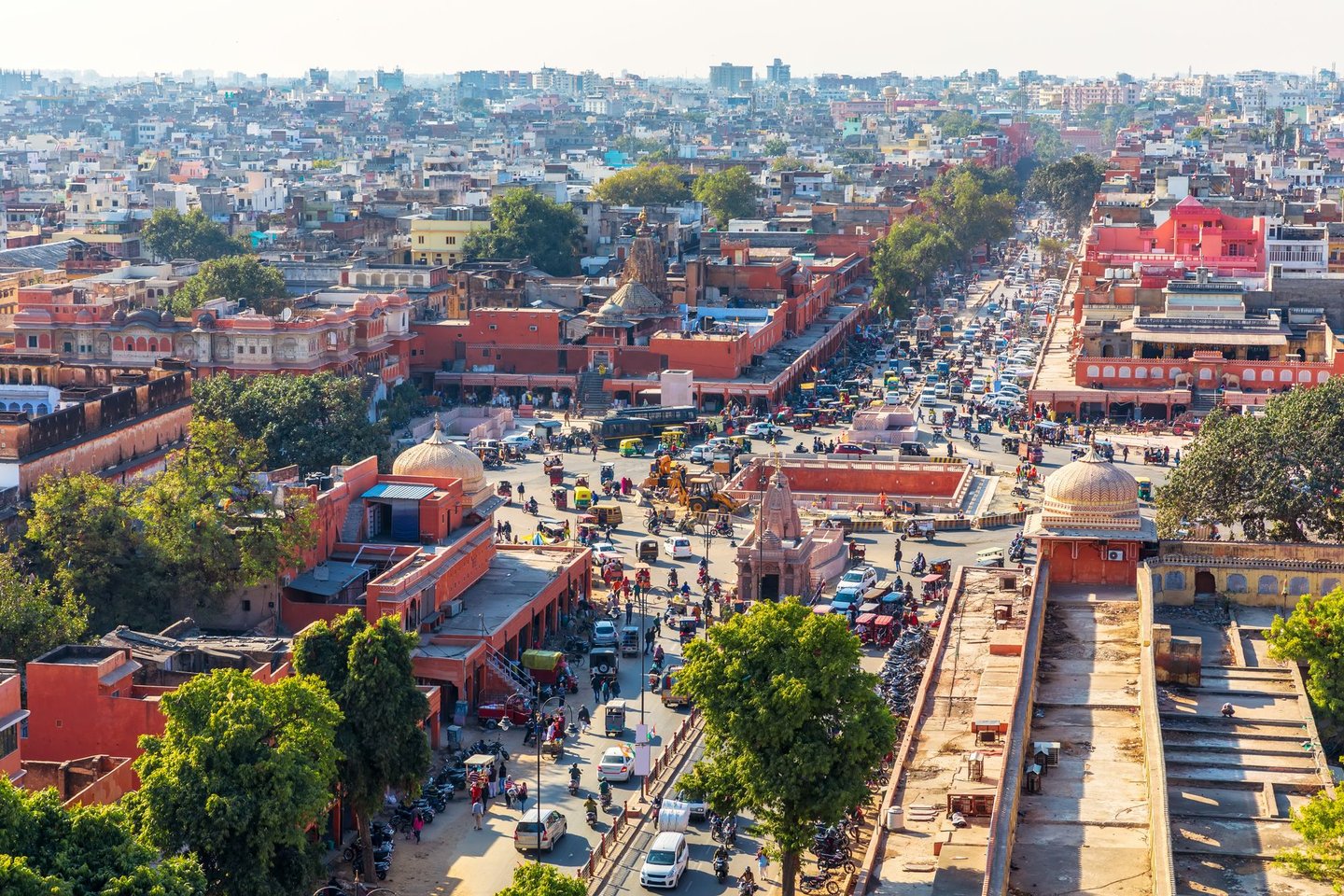 Aerial view of pink buildings in Jaipur, India