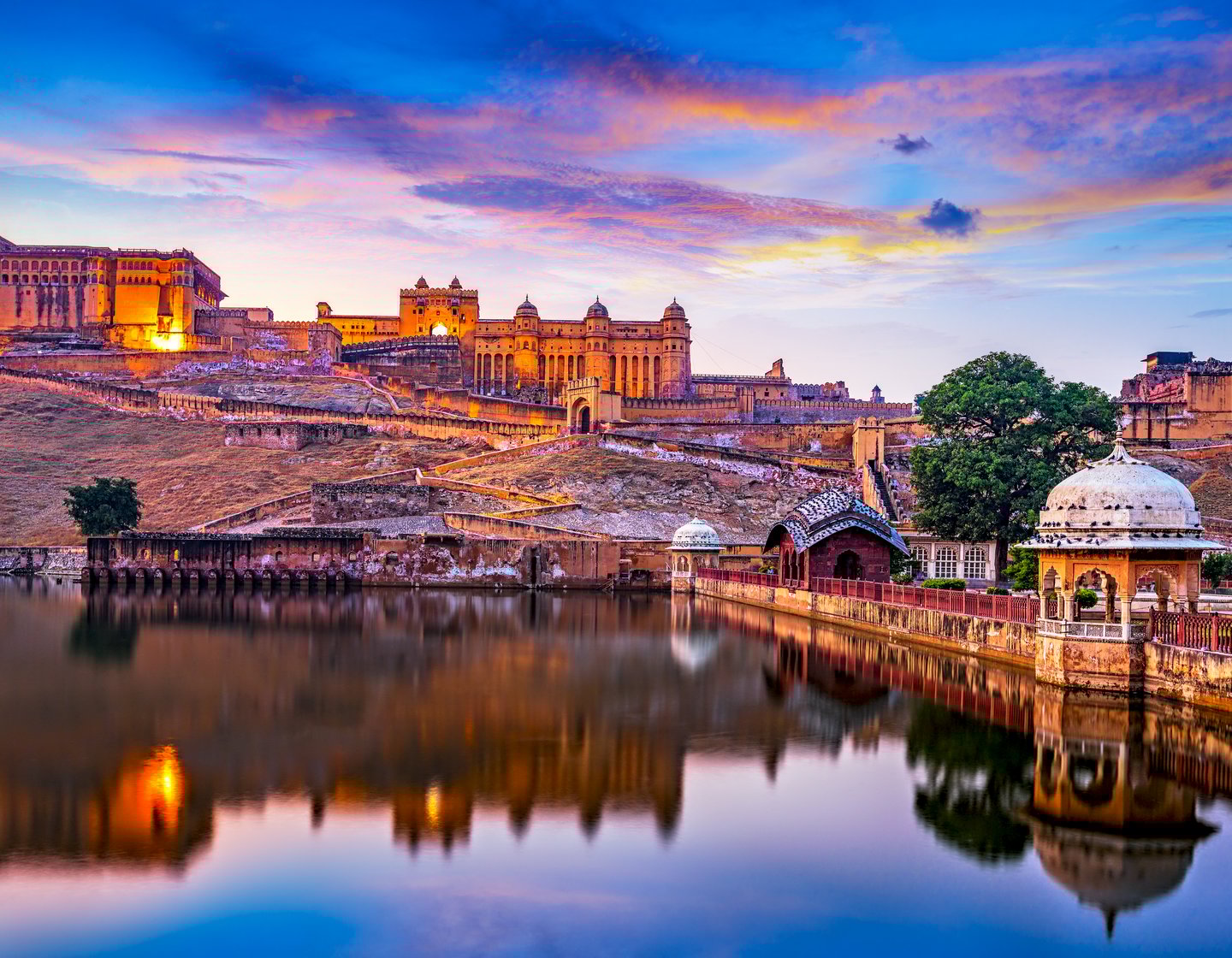 Looking across the lake at the Amber Fort at sunset