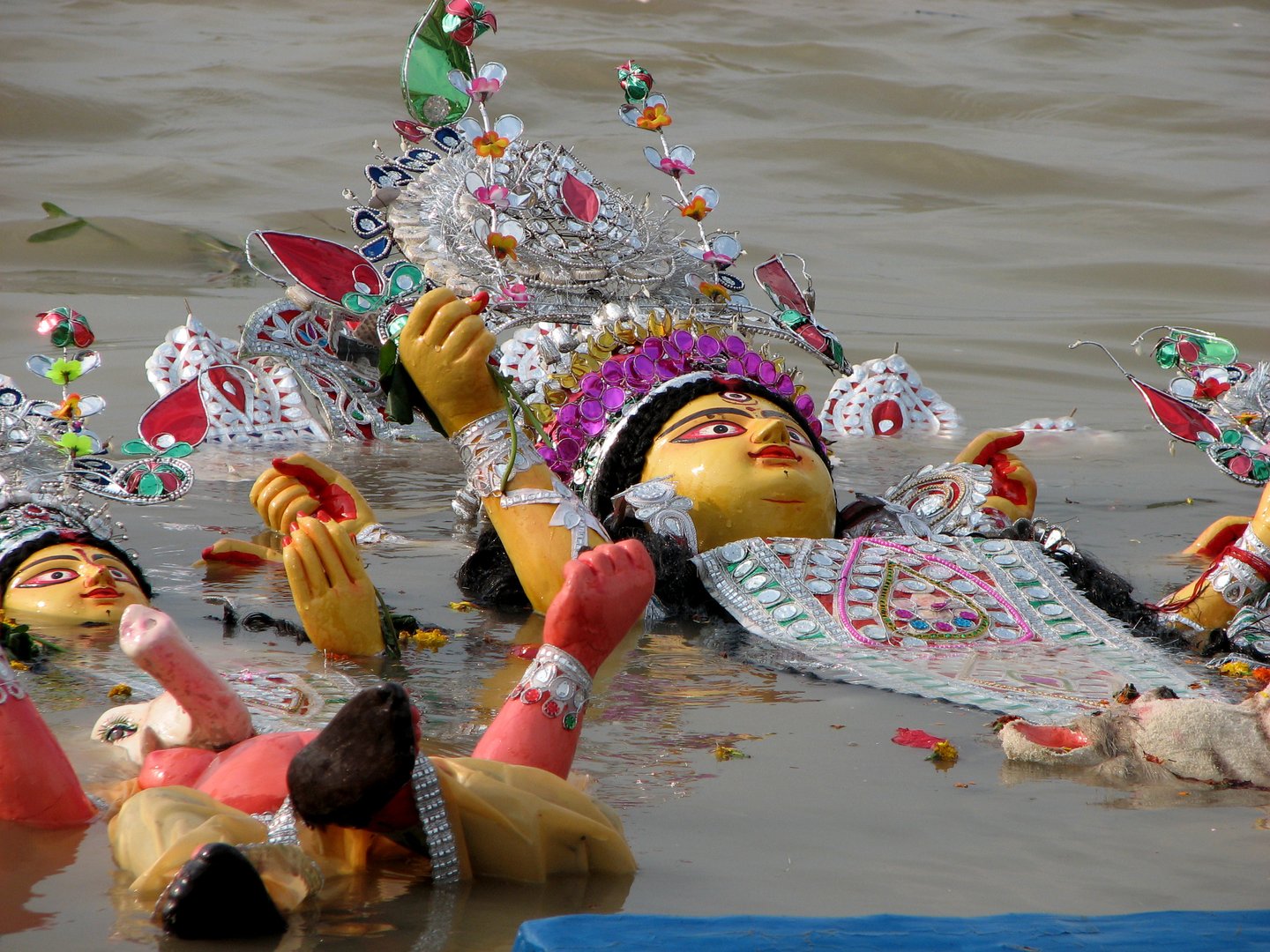 The Goddess Durga being immersed in the Holy River in Kolkata