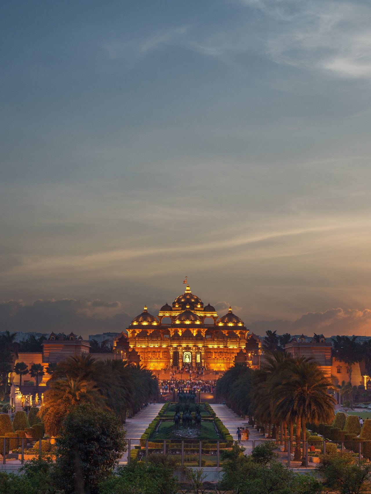 The Akshardham temple lit up at night