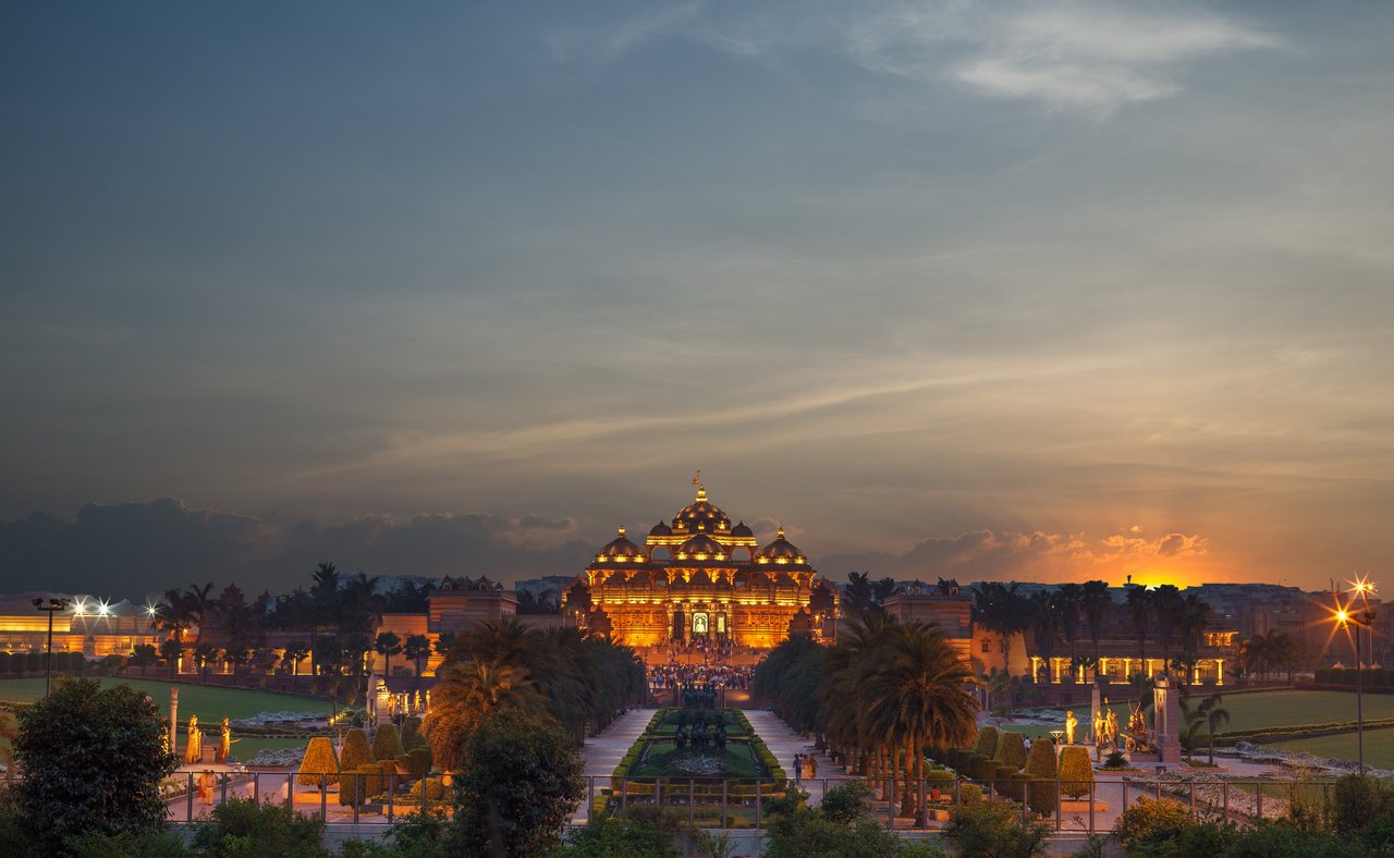 The Akshardham temple lit up at night