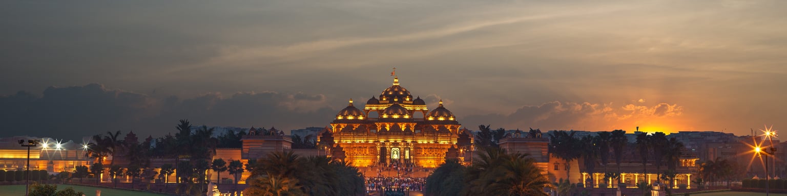 The Akshardham temple lit up at night