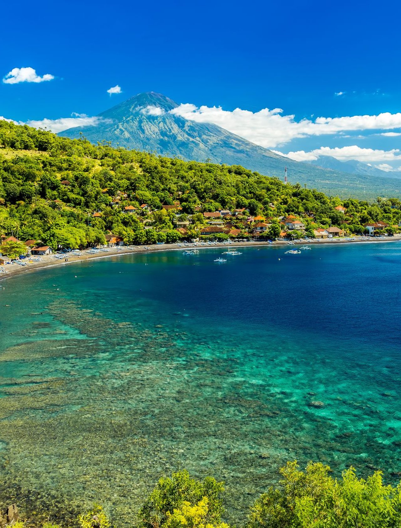 An aerial view of Amed Bay in Bali, Indonesia.