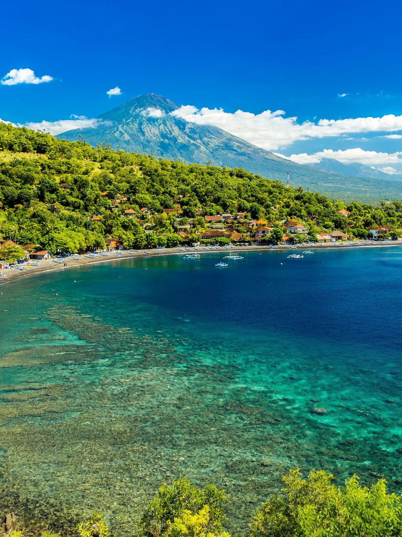 An aerial view of Amed Bay in Bali, Indonesia.