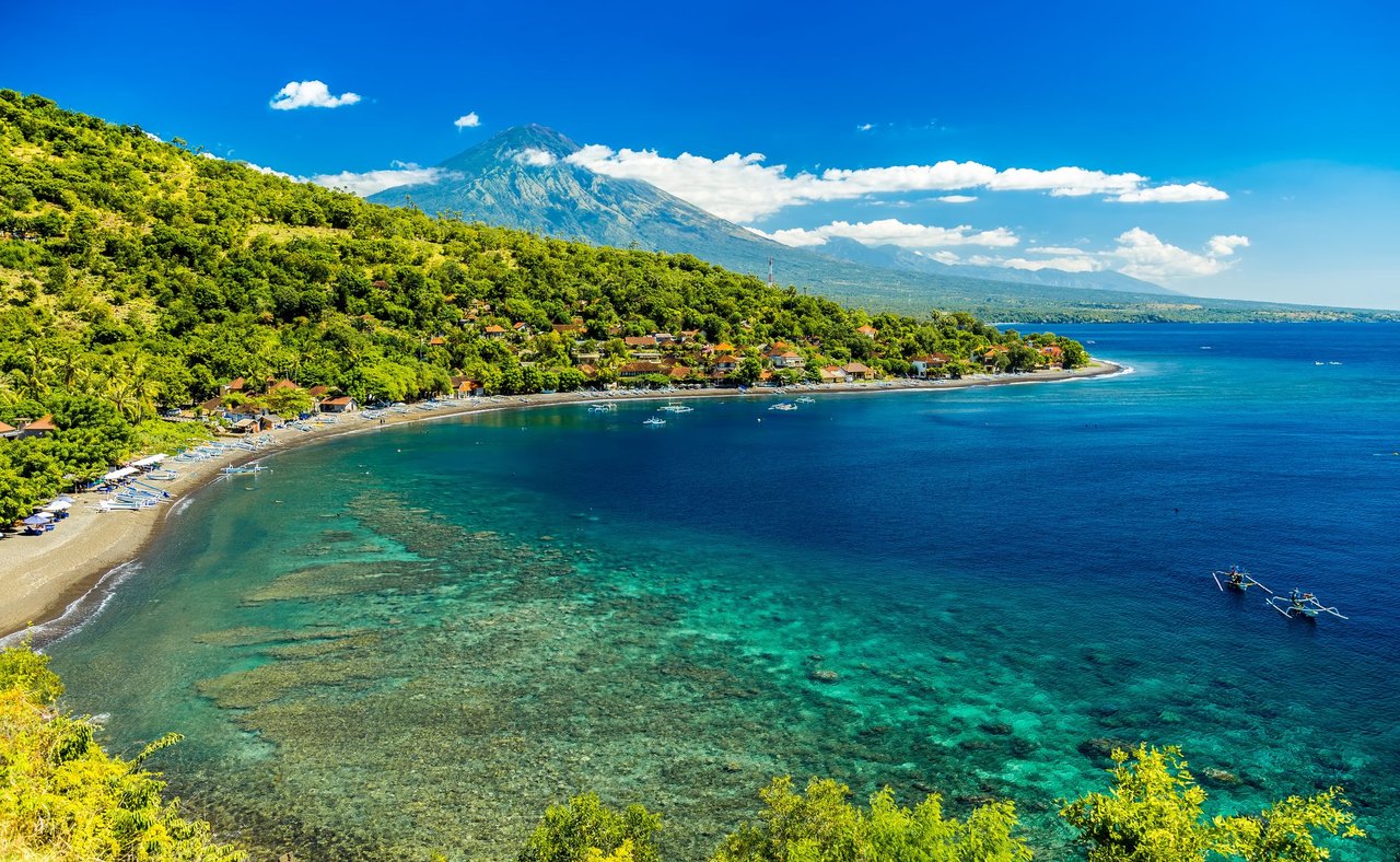 An aerial view of Amed Bay in Bali, Indonesia.