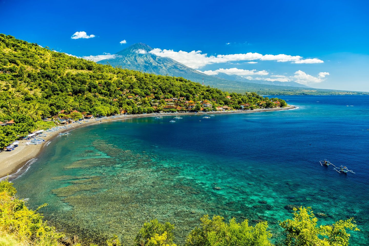 An aerial view of Amed Bay in Bali, Indonesia.