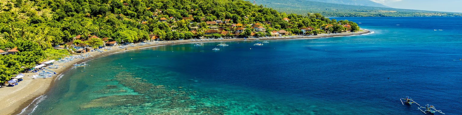 An aerial view of Amed Bay in Bali, Indonesia.