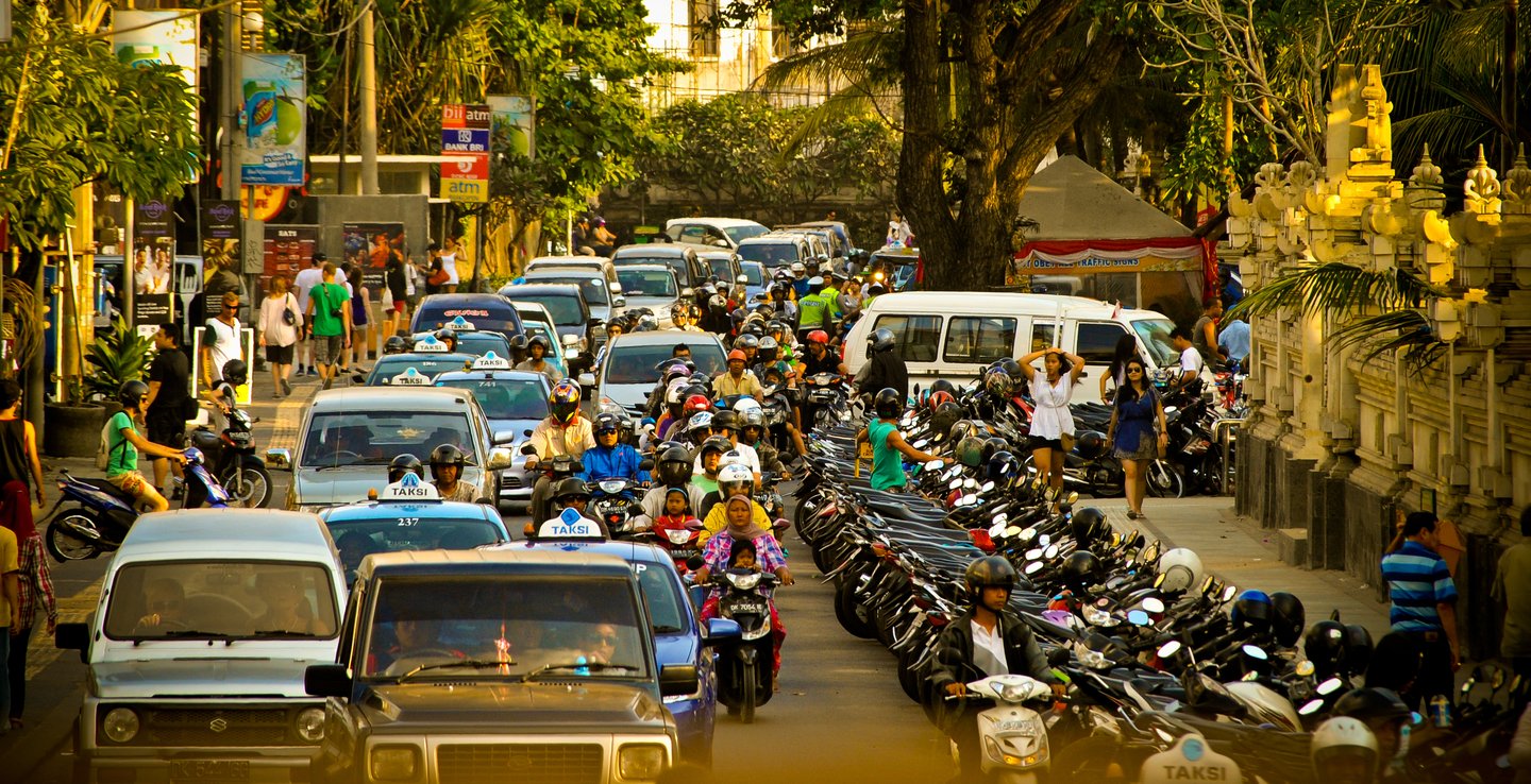 Heavy traffic in a street in Kuta, Bali.