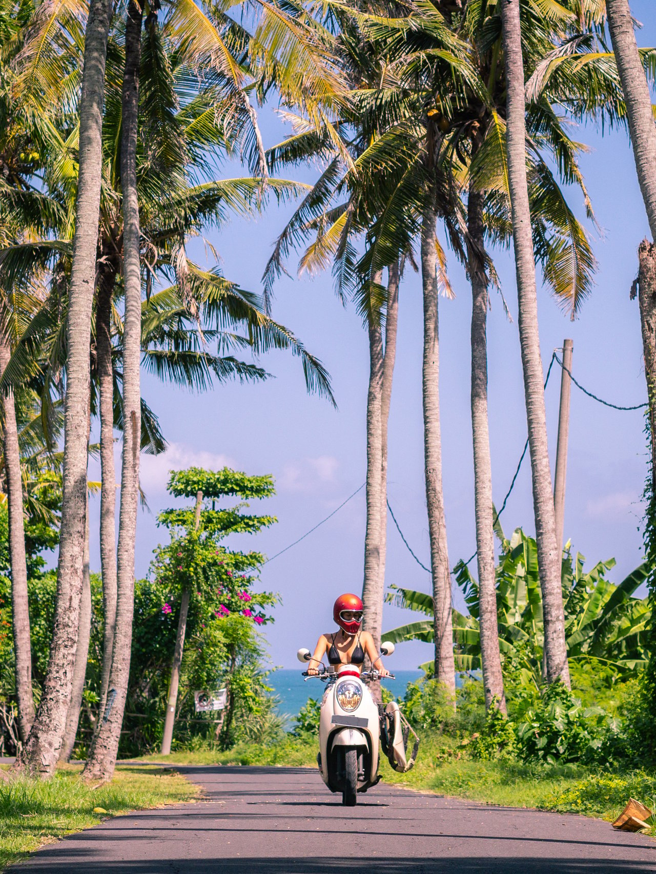 A young woman riding a scooter between palm trees in Bali.