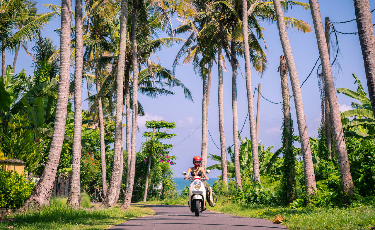 A young woman riding a scooter between palm trees in Bali.