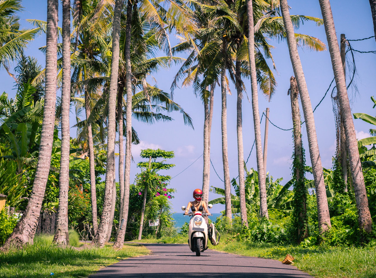 A young woman riding a scooter between palm trees in Bali.