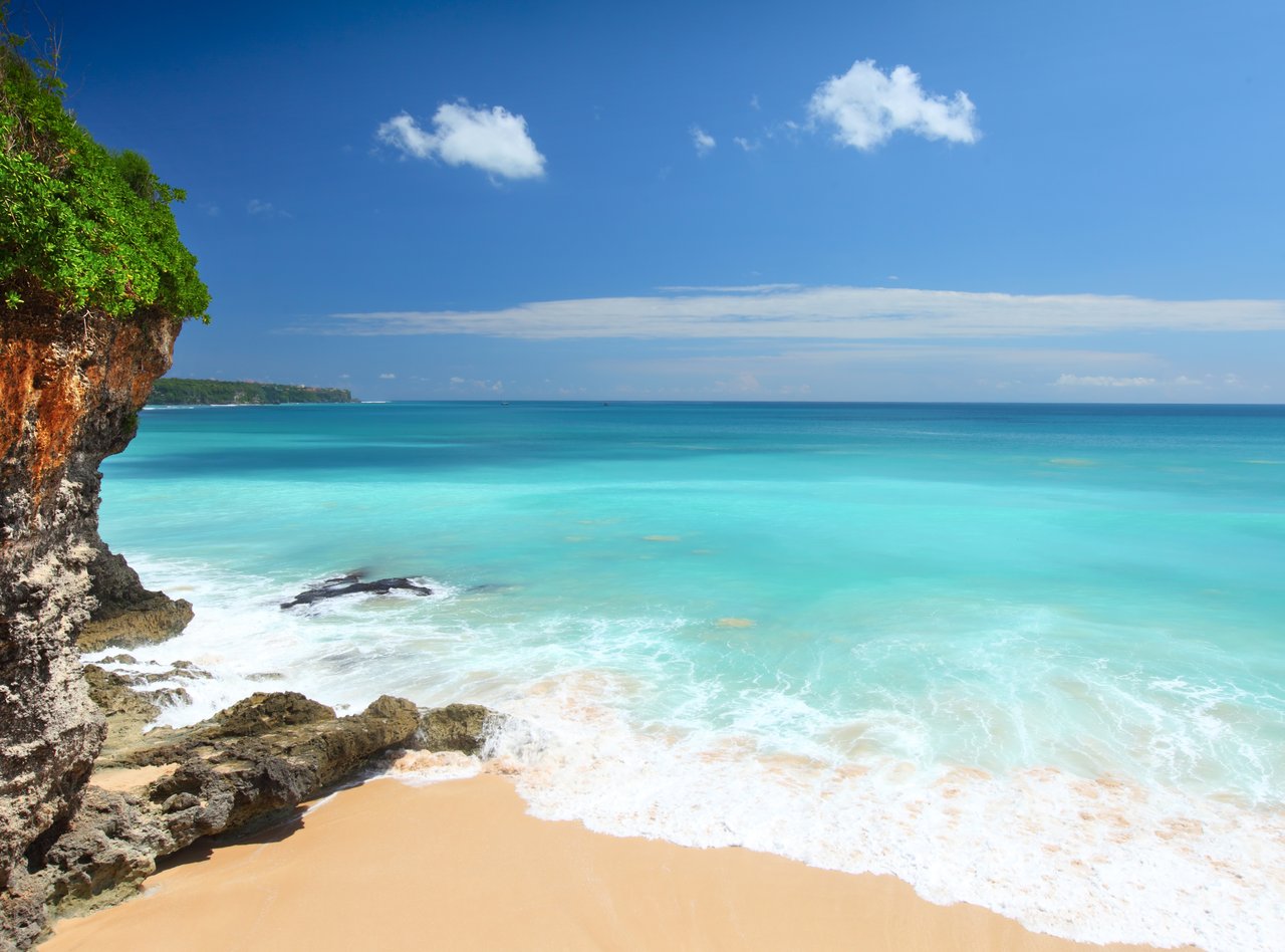 A white sandy beach in Bali, Indonesia.