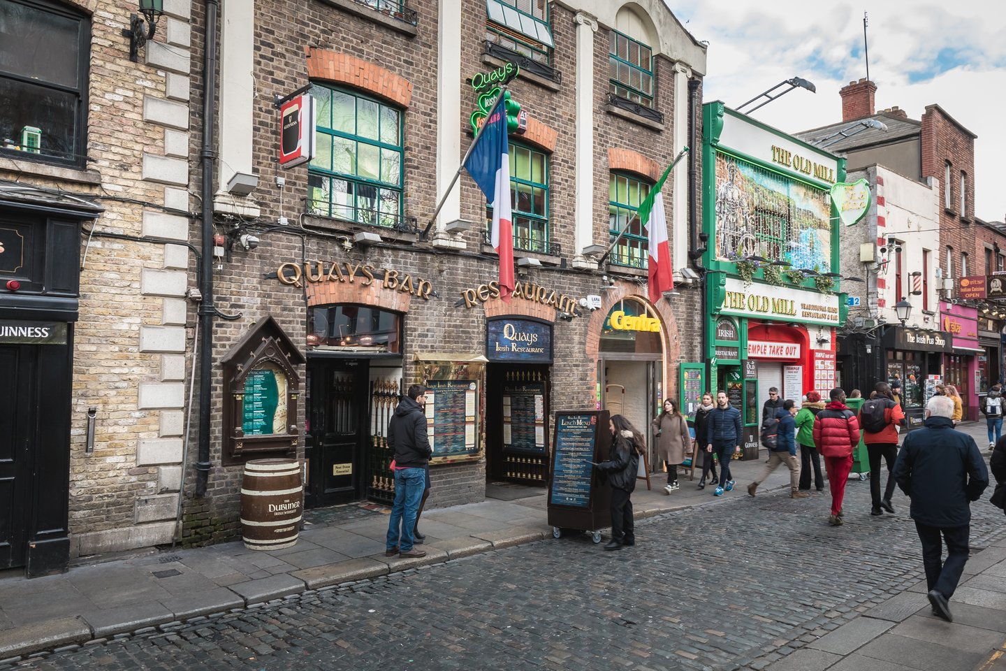 A street lined with bars in the Temple Bar district in Dublin