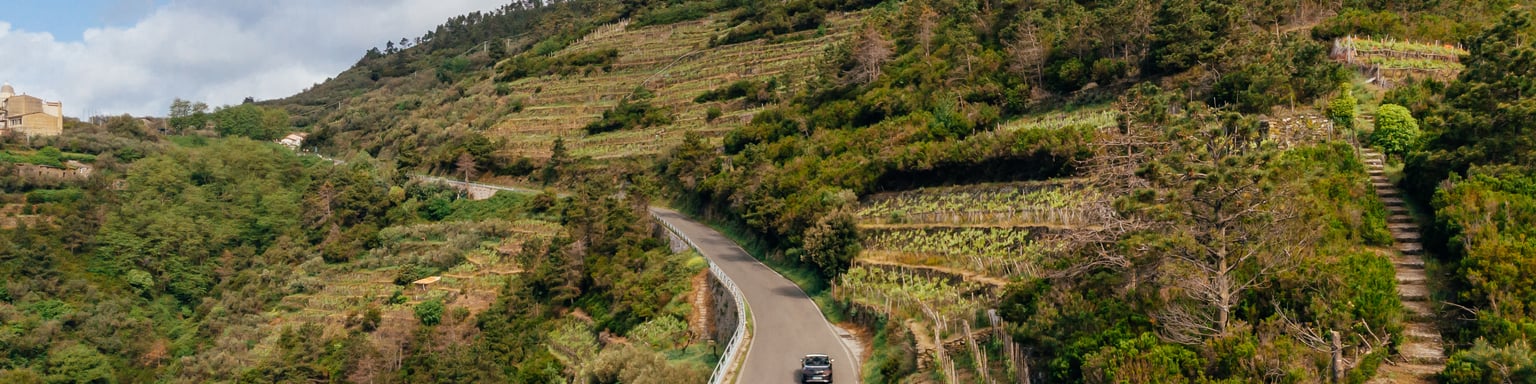 An aerial view of a car driving along a country road in Arezzo, Italy