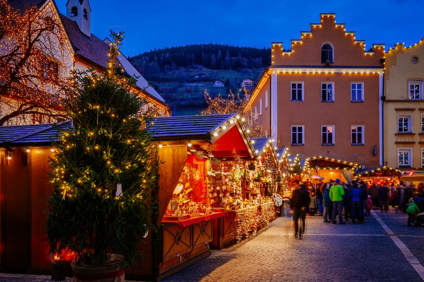 The lights of a Christmas market in Bolzano, Italy.