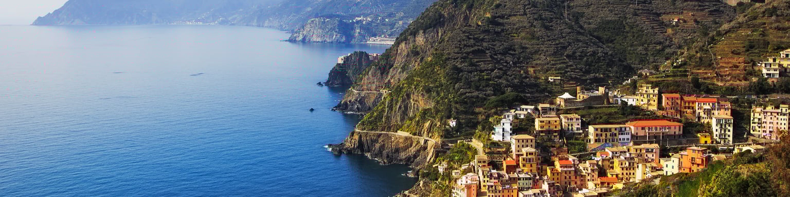 An aerial view of Riomaggiore and Via dell Amore in the Cinque Terre National Park