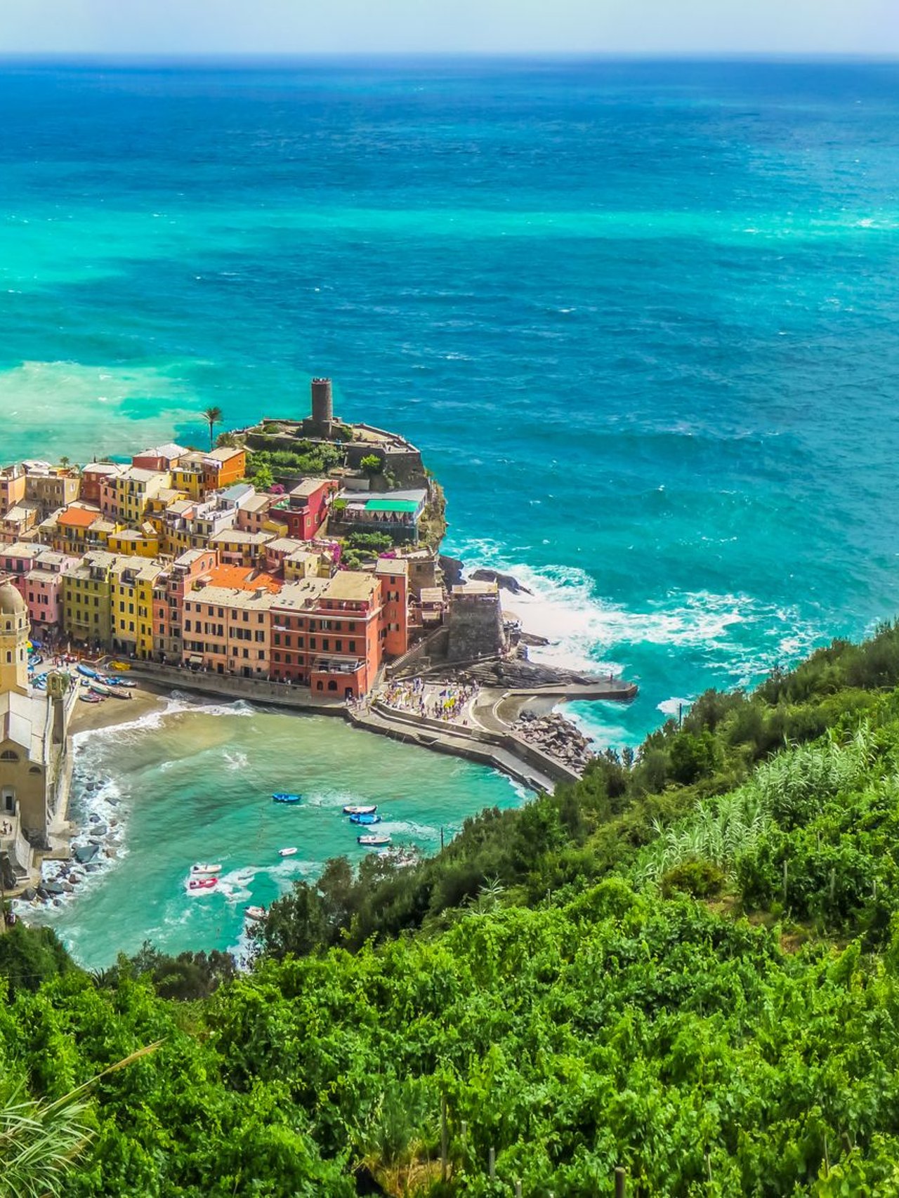 An aerial view of Vernazza village on a sunny day