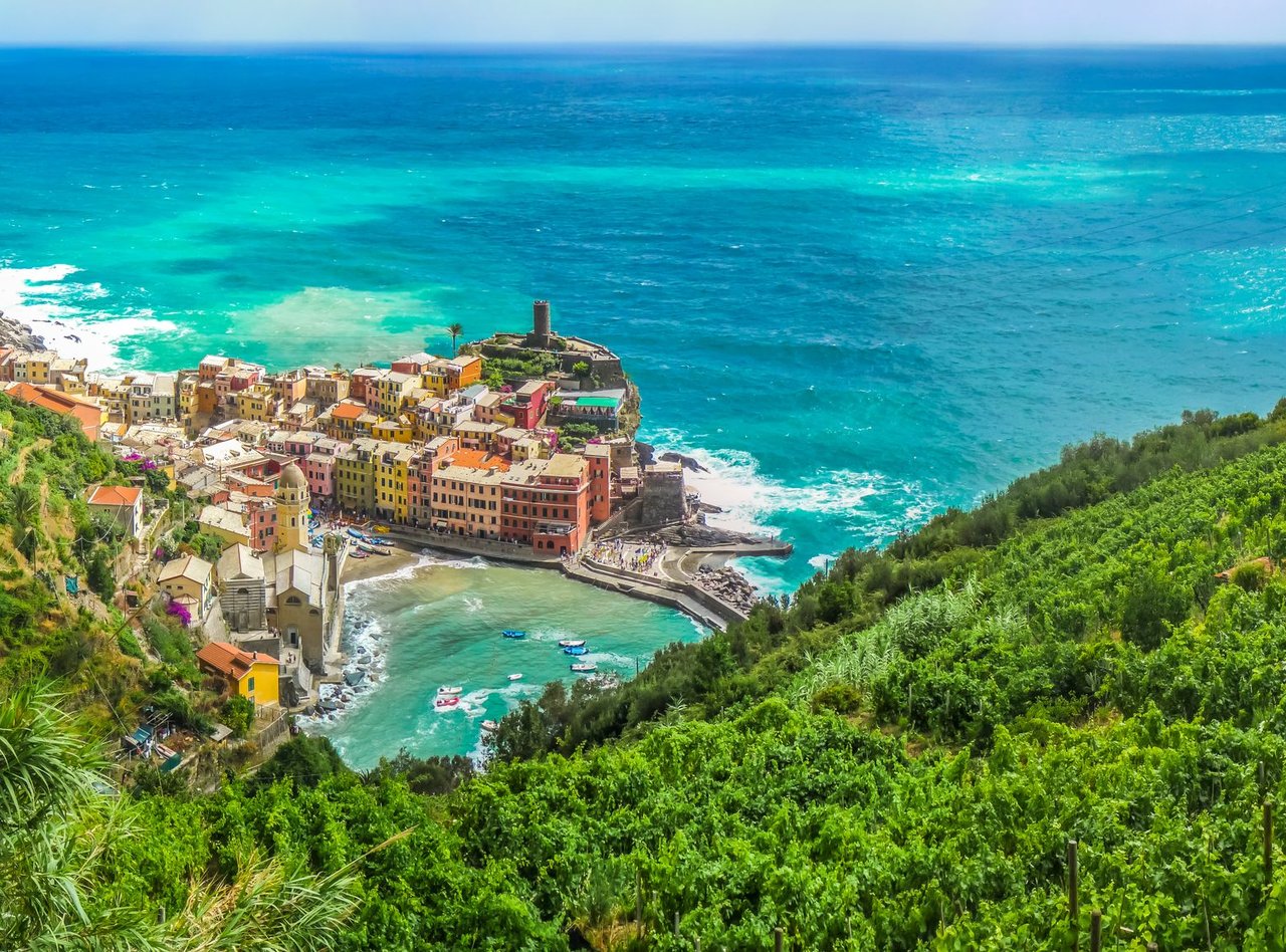 An aerial view of Vernazza village on a sunny day