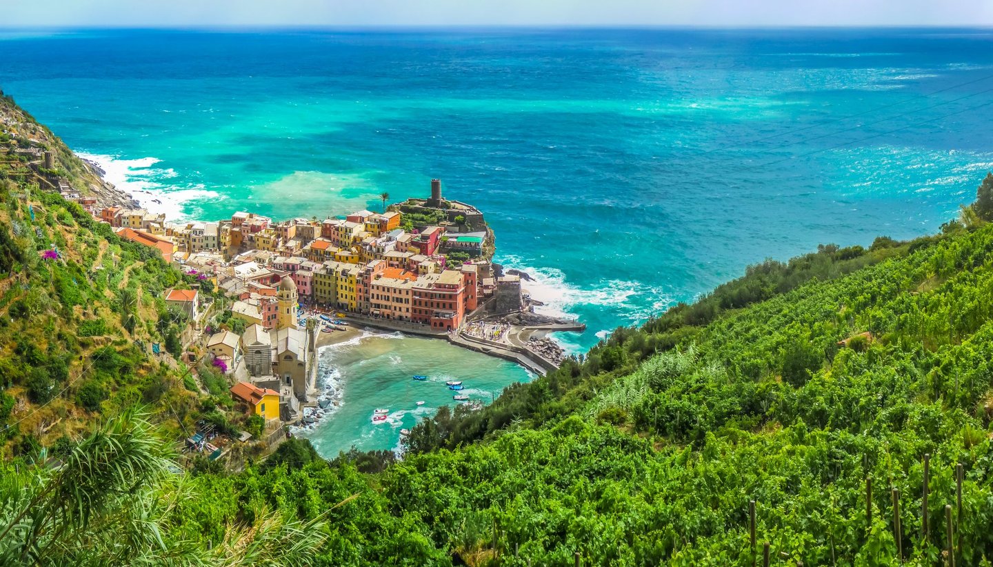 An aerial view of Vernazza village on a sunny day
