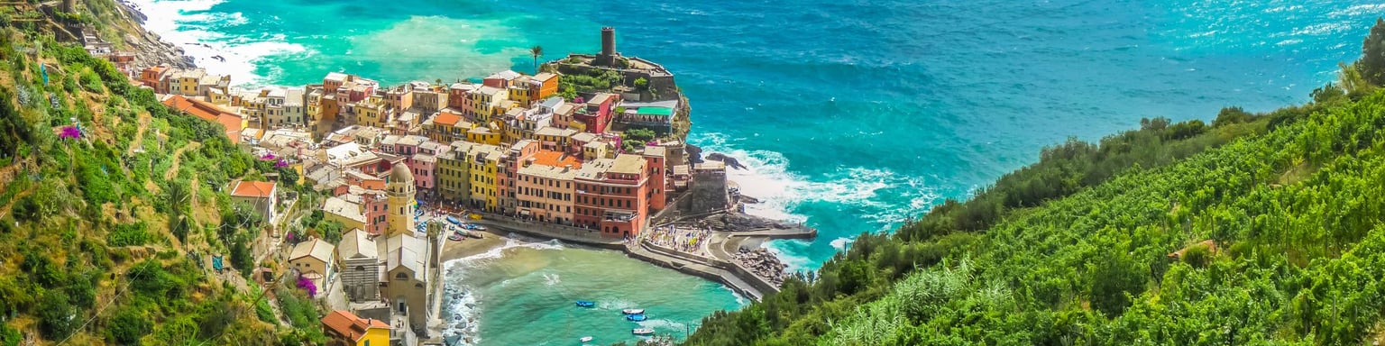 An aerial view of Vernazza village on a sunny day