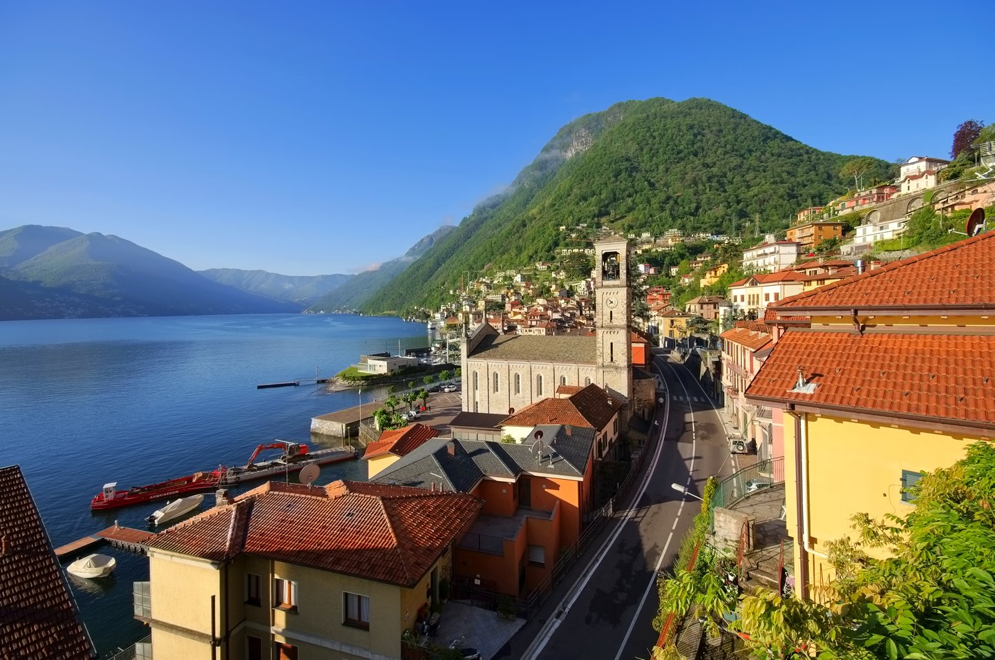The main street  and church of Argegno, Lake Como