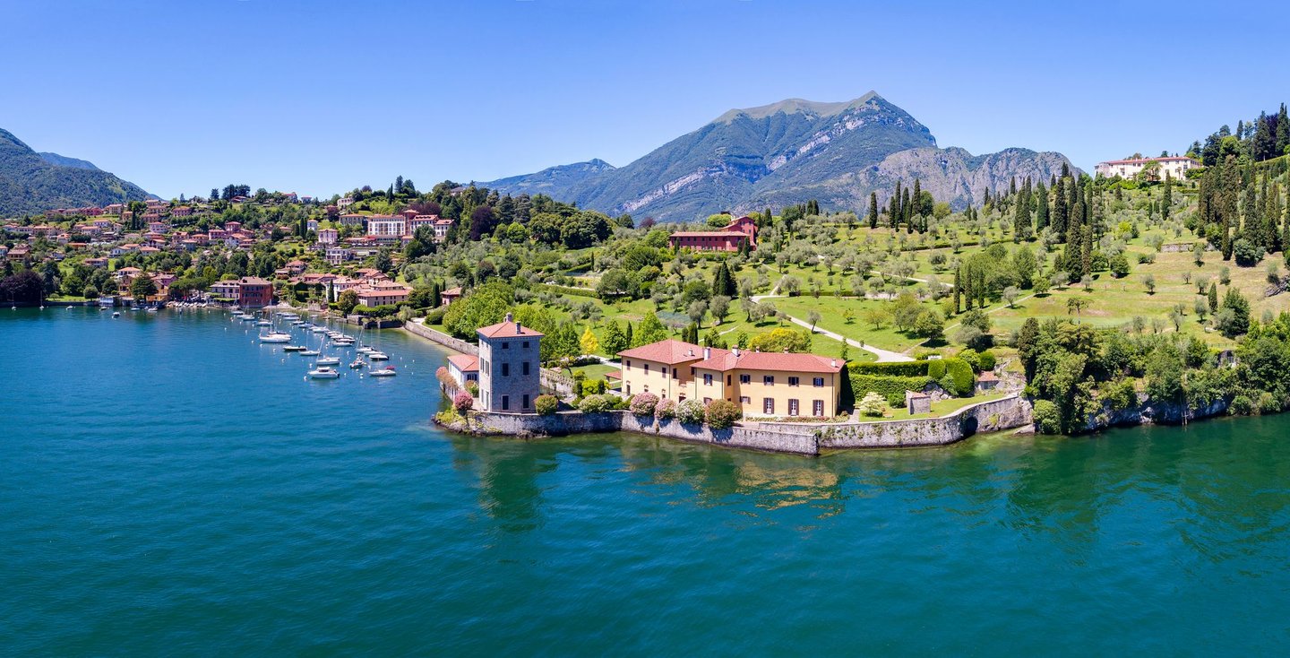 An aerial view of the park and Villa Serbelloni in Bellagio, Lake Como