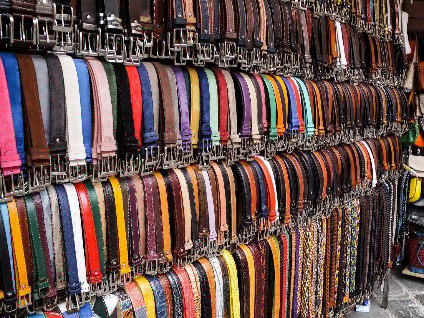 Belts and handbags at the leather market in San Lorenzo, Florence