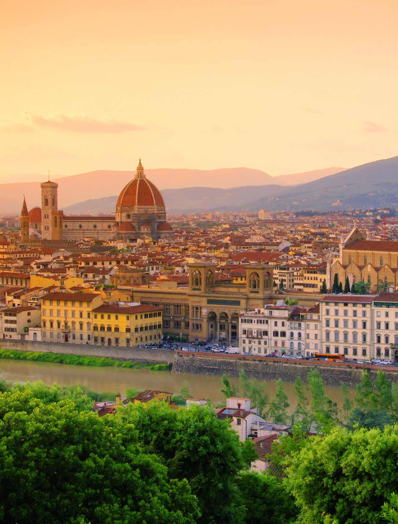 Looking down on Florence's old town at sunset
