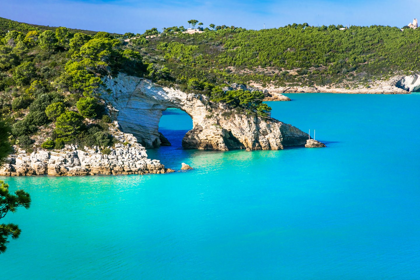 The rocky coastline and blue waters of Gargano National Park in Puglia, Italy